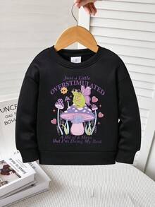 Young Girls Funny Slogan & Magic Frog Mushroom Graphic Print Casual Crew Neck Sweatshirt, Warm For Autumn/Winter