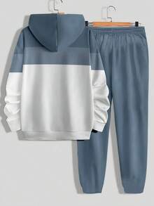 男士卫衣运动裤套装，休闲时尚慢跑运动服，带帽两件套，100% 涤纶，适合春秋季穿着，无绒面料，轻盈顺滑，略带弹性 - 彩色 - 查看 4