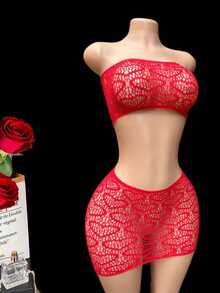 Conjunto de lencería sexy, sujetador transparente y falda corta de encaje jacquard para mujer, ropa interior para club nocturno