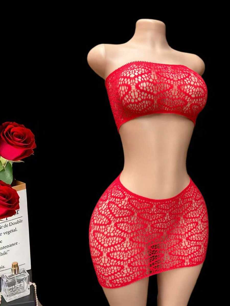 Conjunto de lencería sexy, sujetador transparente y falda corta de encaje jacquard para mujer, ropa interior para club nocturno