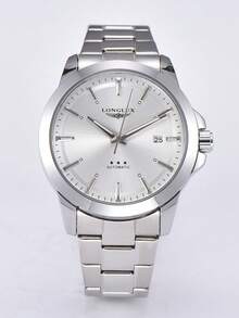 LONGLUX 1 pieza Reloj de negocios de alta gama para hombre, automático, mecánico, impermeable, con calendario, correa de acero y hebilla de mariposa - Blanco - Ver 8