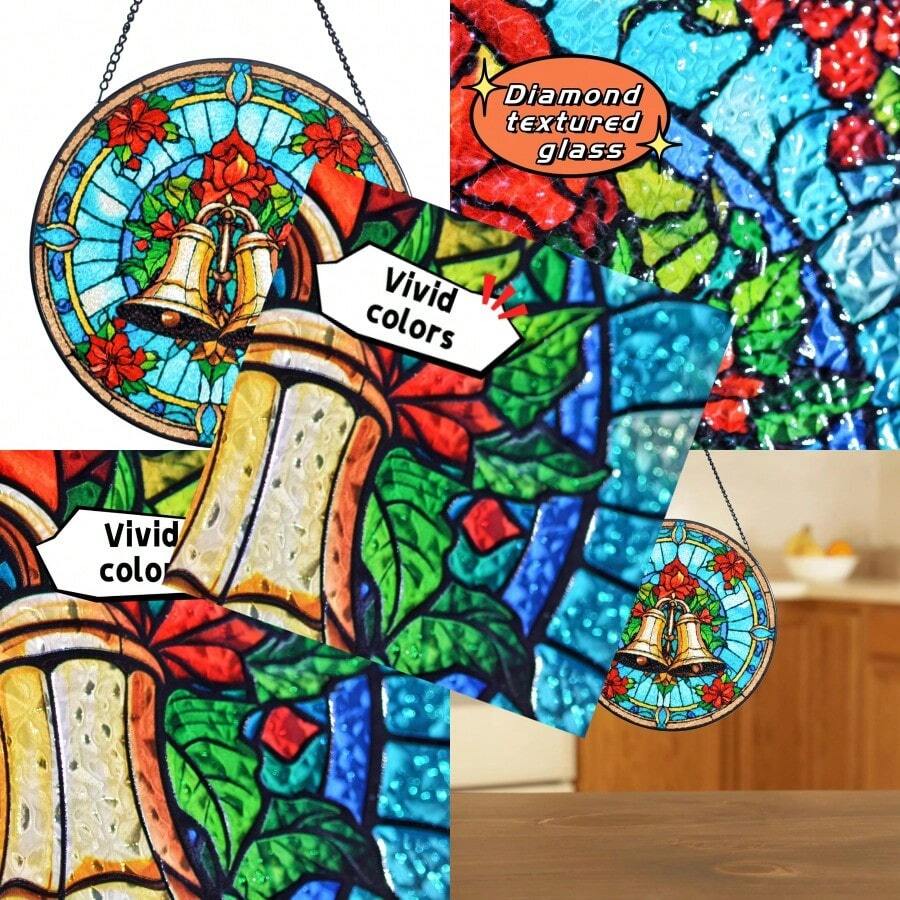 Christmas Bell Stained Glass Suncatcher Hand-Painted 8'' Jingling Bell Christmas Decorative Hanging Ornaments Suncatcher For Window Stained Glass Window Hanging Gift For Christmas Home Decor C