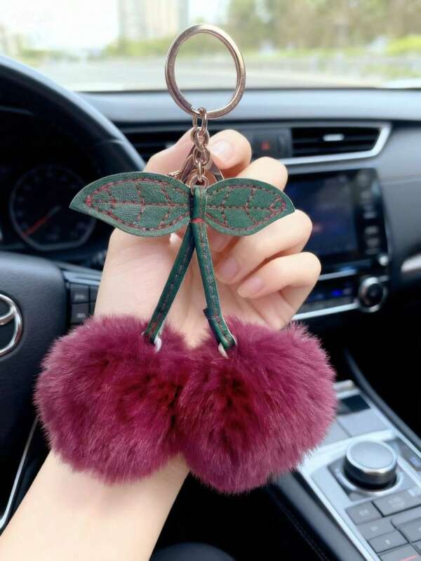 1pc Cute Car Key Chain, Ins Style Red Cherry Car Accessories For Women, Lanyard Otter Rabbit Plush Ball Keychain For Car Keys, Bag Accessories, Car Interior Accessories Halloween