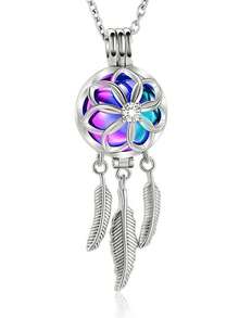 1pc Colorful Hollow Leaf Flower Feather Tassel Cremation Urn Necklace Pendant, Women Casual Jewelry Necklace For Daily Wear, Comes With Brand Box
