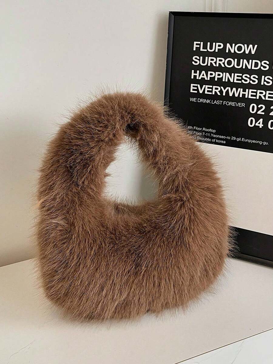 1pc Fashionable Plush Shoulder Bag, Flat Brim Handbag, Cute Women's Winter Handbag/Wallet - Coffee - View 1