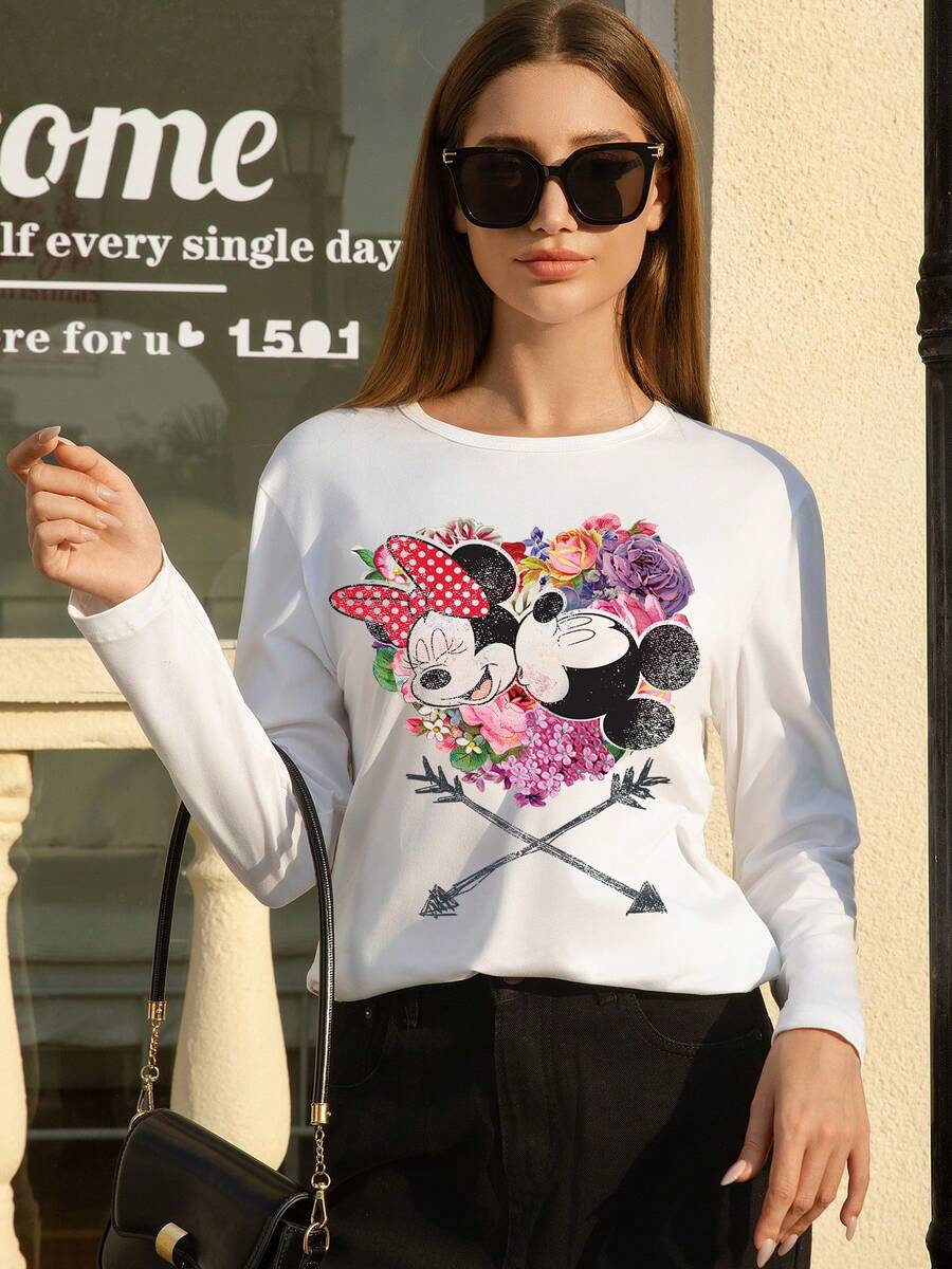 Disney 米奇米妮系列印花休闲长袖T恤，弹力面料，不透光，易于打理，适合日常穿着。 - 白色 - 查看 1