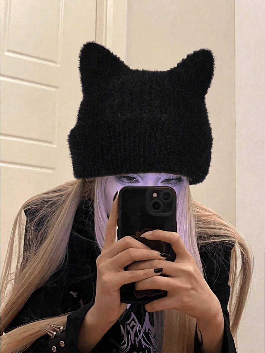 1 件女士 Y2K 猫耳毛绒针织帽，适合秋冬季日常佩戴
