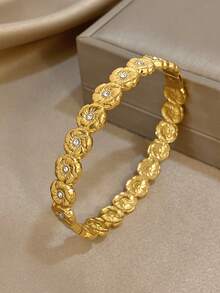 18K Gold Plated Stainless Steel Luxury Elegant Floral Bangle Bracelet Set For Women , Sweet Romantic Jewelry Mom Gift Christmas Thanksgiving Halloween Wedding Rave/Prom/Party/Daily Accessories Gift For Anniversary Valentine's