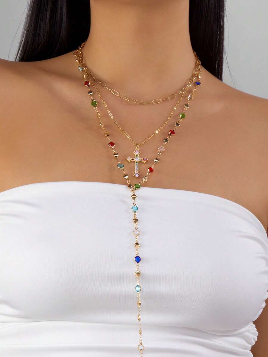 Set de 3 collares en forma de Y con cruces y cristales de colores versátiles y de moda, adecuados para uso diario, citas, vacaciones, bodas, días festivos, ocasiones casuales y especiales, como regalo de cumpleaños, Día de la Madre, San Valentín