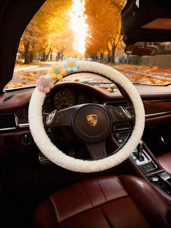 Lamb Hair Floret Car Steering Wheel Cover Warm Winter Steering Wheel Cover Without Inner Ring Universal Fit Car Steering Wheel Protective Cover.