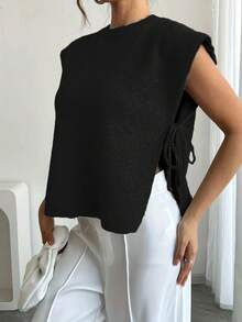 Women's Elegant Sleeveless Knit Vest With Side Tie, Lightweight Breathable Casual Vacation Sweater Vest - Black - View 5
