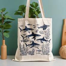 1 Shark Pattern Canvas Tote Bag - 13.8inch X 15.8inch Durable Polyester Leak-Proof Design, Perfect For Beach, Commuting & Shopping - Ideal Gift For Animal Lovers And Summer Travelers, Theme, Sturdy Handles, Exclusive For Green Consumers - 白色 - 查看 1
