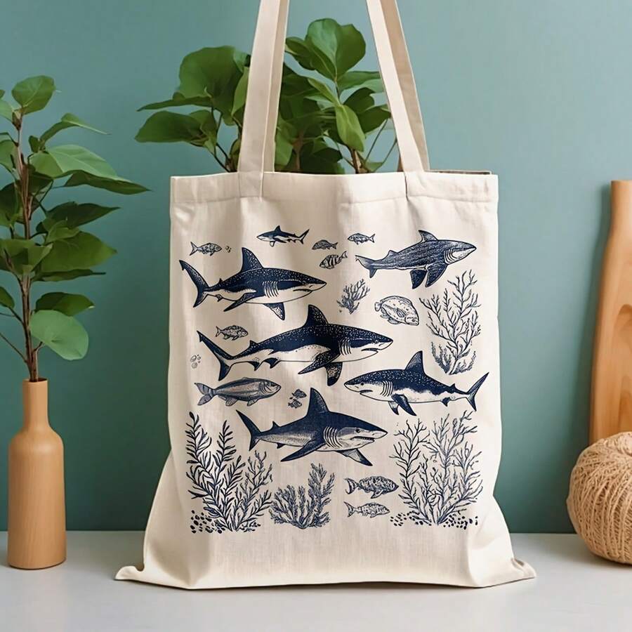 1 Shark Pattern Canvas Tote Bag - 13.8inch X 15.8inch Durable Polyester Leak-Proof Design, Perfect For Beach, Commuting & Shopping - Ideal Gift For Animal Lovers And Summer Travelers, Theme, Sturdy Handles, Exclusive For Green Consumers - 白色 - 查看 1