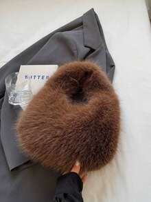 1pc Fashionable Plush Shoulder Bag, Flat Brim Handbag, Cute Women's Winter Handbag/Wallet - Coffee - View 4