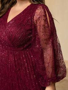 Vestito da sera lungo UNITHORSE da donna, con stampa casuale, collo a V elegante, maniche a lanterna, contrasto in paillettes e tessuto in rete plissettato, aderente