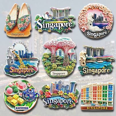 1/2pcs Painted Resin Travel Souvenir Art Fridge Magnets, Landmarks Like Merlion, Marina Bay Sands, Gardens By The Bay, Singapore Flyer, St. Andrew's Cathedral, Ideal For Kitchen, Office, Whiteboard, Dishwasher, Home Decor, Gifts, Personalized Creative Cartoon Stationery Decoration