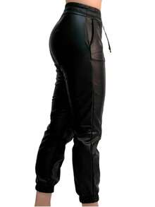 jogger pantalon pants vinipiel piel falsa  con resorte en tobillo modeno juvenil casual - Negro - Ver 4