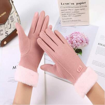 1 Pair Women's Winter Warm Riding Gloves, Korean Version, Thermal Lined, Thick, Windproof, Touchscreen, Suede Fleece