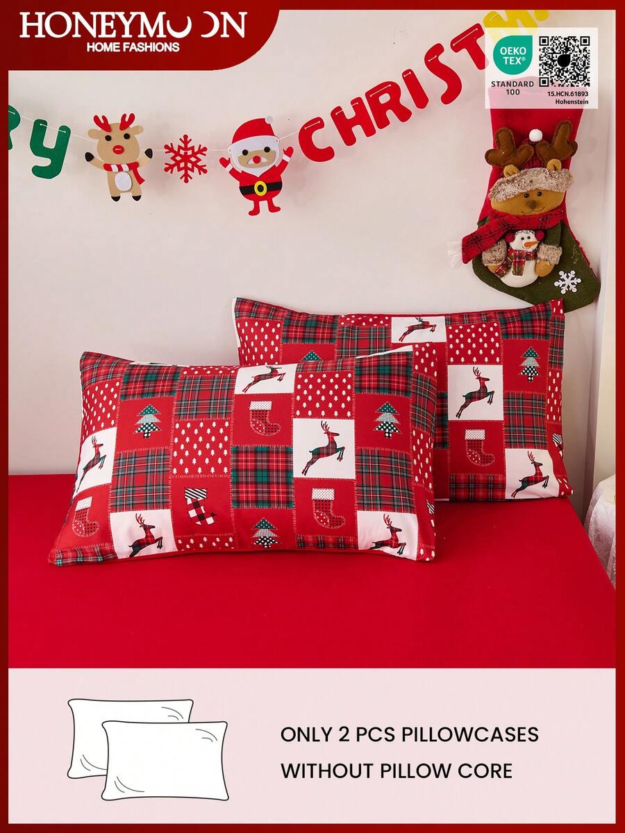 2 fundas de almohada con estampado de renos y calcetines navideños a cuadros, sin relleno, suaves y transpirables, adecuadas para Navidad y uso diario en la sala de estar, dormitorio, sofá, decoración del hogar, funda de almohada para el coche, lavable a máquina. Para ropa de cama del hogar y artículos esenciales para dormitorio, certificado Oeko-Tex.