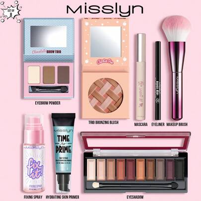  MISSLYN 8件套必备彩妆套装，情人节礼物，包含眉粉、三合一修容腮红、睫毛膏、眼线笔、化妆刷、定妆喷雾、妆前乳、眼影盘 - 全套面部彩妆，持久妆效