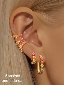 5 Pcs/Set (For 1 Side Ear) Earrings Set For Women Gold Plated Zirconia Rainbow Ear Stud Hoop Earring Women Elegant Jewelry Accessories - 5 Pcs/Set - View 10