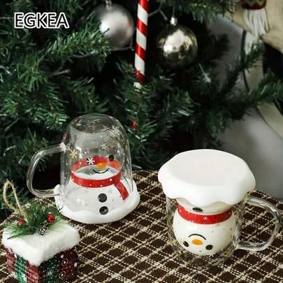 1 pieza Taza doble capa con diseño de dibujos animados navideños, taza de agua con tapa, taza de vidrio doble capa navideña creativa con asa de 260ml, taza de vidrio doble capa con muñeco de nieve apta para café helado y té, regalo perfecto para la familia, novio/novia o compañeros de trabajo