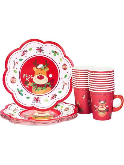 10/20/40 sztuk Świąteczne Łosie Akcesoria na Imprezę Czerwone Świąteczne Herbatki Renifer Jednorazowe Kubki do Herbaty Papierowe Spodki w Kształcie Muszelki Talerze Z Uchwytem Do Napojów Herbata Dekoracja
