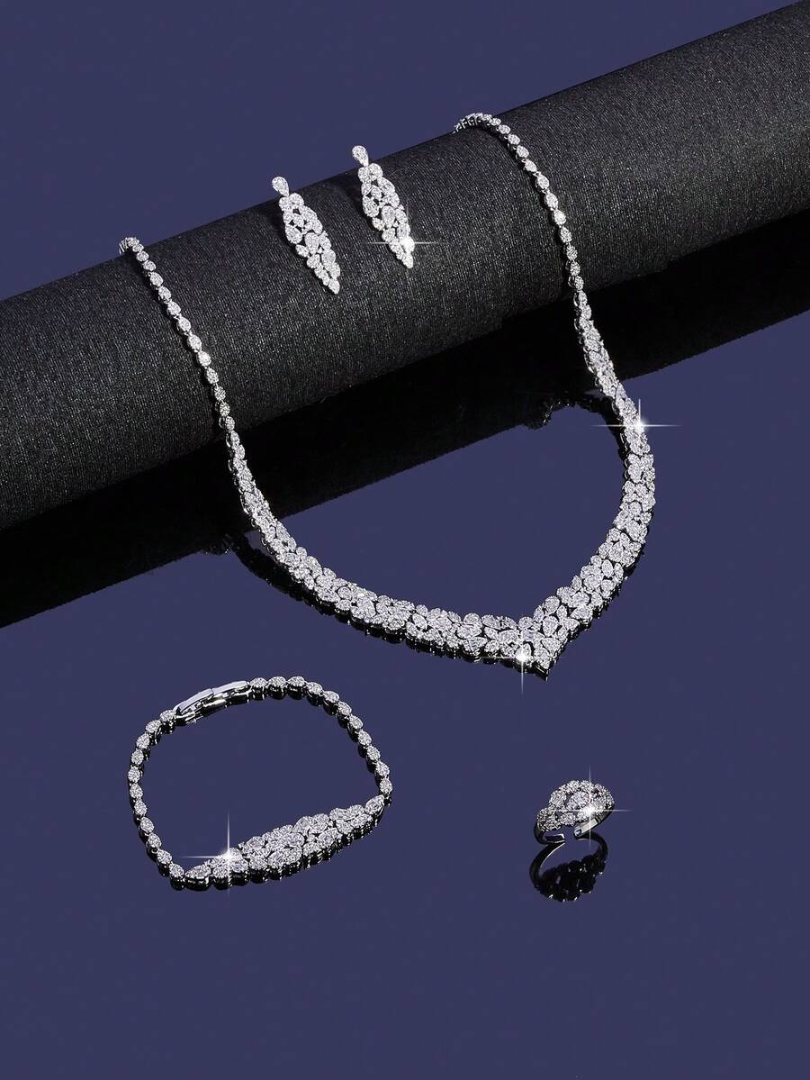 5PCS/1Set Bridal Necklace,Earring,Ring,Bracelet Luxury Cubic Zirconia Jewelry Set For Woment Wedding And Banquet Accessories