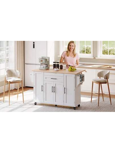 120*45cm, Mobile Kitchen Isl Trolley, Worktop Extends Up To 70cm, Hidden Cutlery Drawer, Adjustable Shelves, Spice Rack Towel Holder, Kitchen, Dining Room Or Living view 8