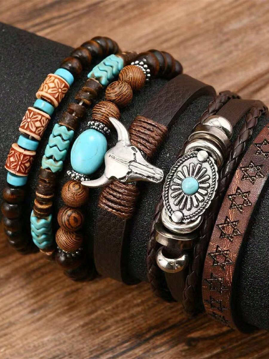 6 Pieces Of Retro Stackable Turquoise Western Bead Bracelets, Rural Cow Head Accessories, Western Denim Women's Denim Women's Jewelry - 6pcs - 查看 1