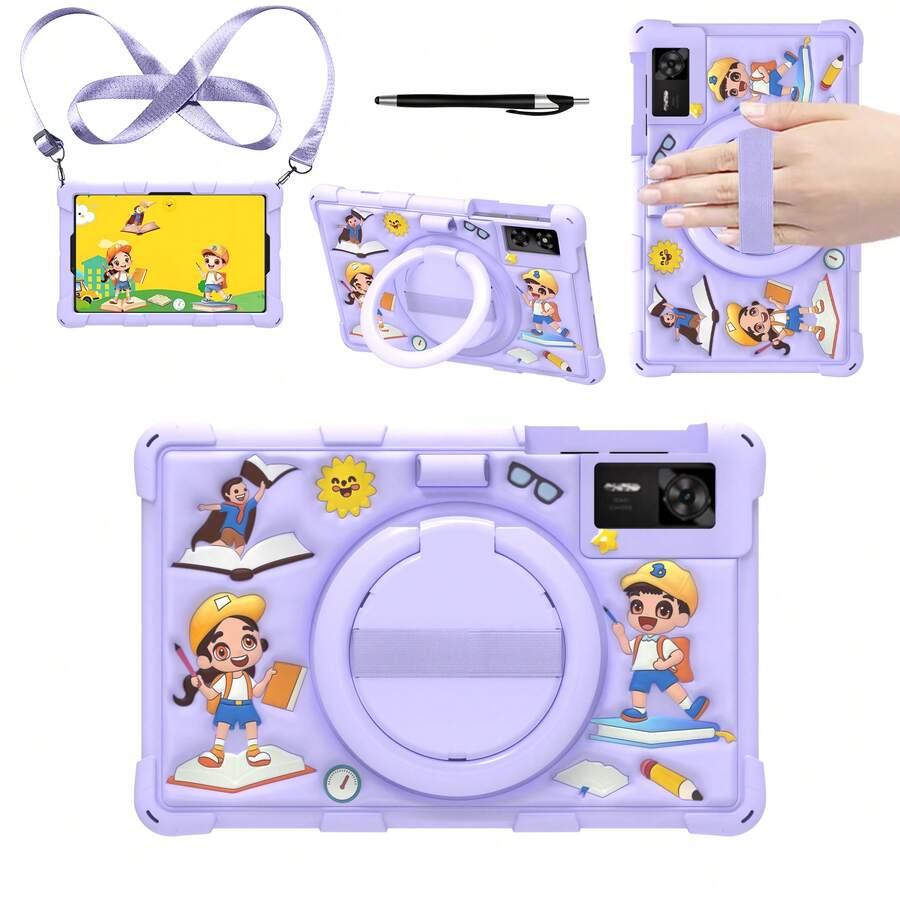 卡通平板电脑保护套适用于 Honor Pad X9/ X8a/X9A/Matepad Se 11/11 英寸/M10 第二代 10.3 英寸 TB-X606 /12.7 英寸2025/P12 12.7 英寸/Redmi Pad SE 11 英寸/Teclast M40/M40pro/P40HD/Infinix XPAD/G99，带可调节支架/肩带、通用笔架、硅胶软壳平板电脑保护套 - 紫色 - 查看 1