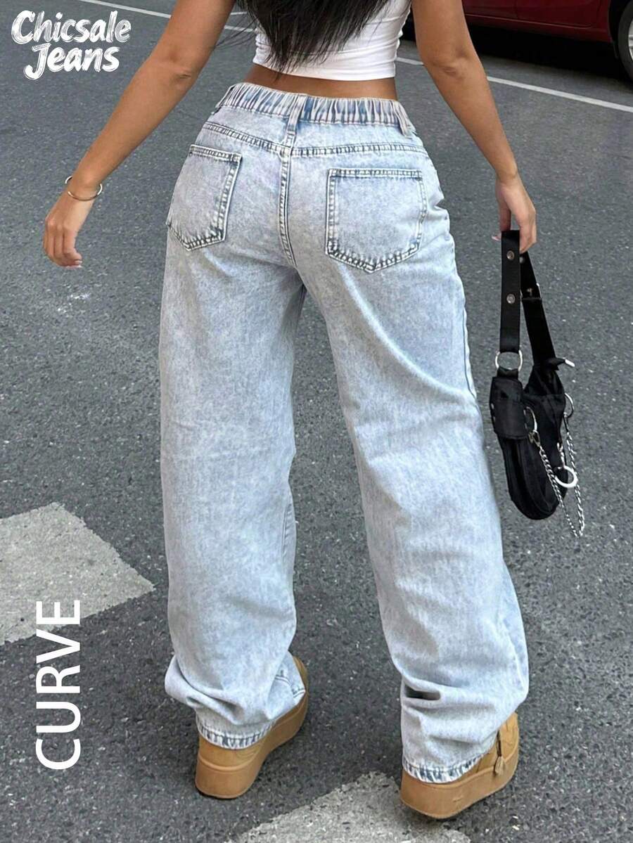 Jeans in denim larghi a vita alta lavati con acqua, casual e leggeri, adatti per uso quotidiano, disponibili in taglie comode per donne