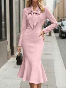 Women's Elegant Formal Midi Dress With Mermaid Hem & Curve-Hugging Fit, Perfect For Date, Dinner Party, Office, Christmas & New Year Evening Gown Party Dress For Fall Winter - Dusty Pink - View 3