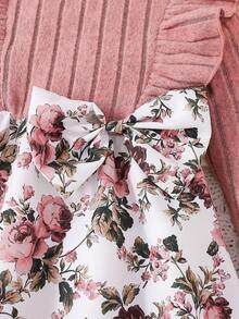 Baby Girl Cute Pink Long Sleeve Floral Print Flutter Sleeve Bow Dress Set, Autumn/Winter - Pink - View 4