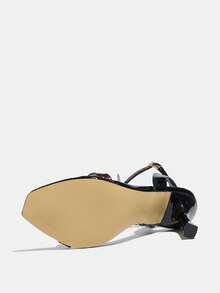 Women's High Heel One-Strap Glossy Design Square Toe Round Ring Hollow Butterfly Decor Thin Strap Buckle Shiny Electroplated Black Stiletto High Heel Party Night Club Outdoor Fashion Exhibition VIP Banquet High-End High-Quality Mirror Material Elegant Luxurious Dignified Black High Heel Sandals, Suitable For Autumn Women's Outfits