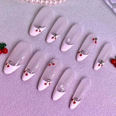 10 件女士按压指甲指甲按压杏仁指甲贴带指甲胶手绘红色樱桃心形设计带闪光水钻全覆盖亚克力光泽可重复使用假指甲美甲套装适用于圣诞节万圣节情人节日常佩戴礼物系列