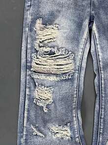 Men's Distressed Vintage Indigo Washed Flare Leg Jeans, Extra Long Baggy Loose Fit Flared Pants With Ripped Holes & Tie-Dye Details. Overall Dimensions Are Oversized, Recommend Ordering One Size Down Based On Your Measurements. - Medium Wash - View 3
