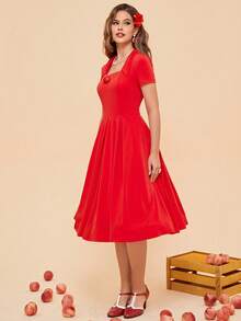 Vestido de fiesta de línea A con cuello cuadrado estilo vintage de los años 50 - Rojo - Ver 6