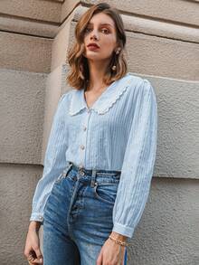 Simplee Collegiate Style Puff Sleeve Collared Shirt Top, Teacher, Back To School Spring - Blue - View 6