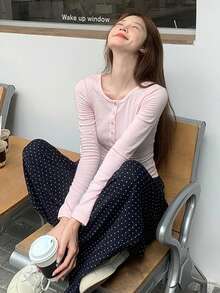 Korean Style Sweet & Hot Girl Pink Long Sleeve T-Shirt, Autumn/Winter, Half-Collar, Slim Fit, Layering Undershirt - Pink - View 6