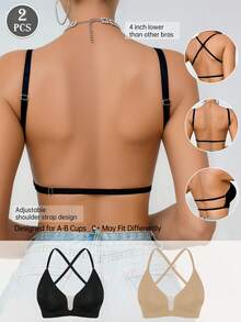 2pcs Seamless Wireless Bras For Women, Bridal Lingerie, 3 Strap Options, Lightweight Support, Comfortable & Breathable - Suitable For Weddings, Formal Occasions, Strapless, Bridal Wear, Autumn/Winter/Spring, Detachable & Adjustable Straps, Thin Double-Layer Mesh Bra, Deep V Back - Multicolor - View 4