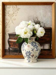 1 pieza Jarrón de cerámica vintage azul y blanco pintado a mano - Decorado con un patrón floral de cabaña rural, adecuado para arreglos florales, perfecto como acento para la decoración del hogar en estilo bohemio. Ideal para exhibiciones florales en la sala de estar, mesa de comedor, estudio, oficina, alféizar de la ventana, bodas y talla grande. - multicolor - Ver 9