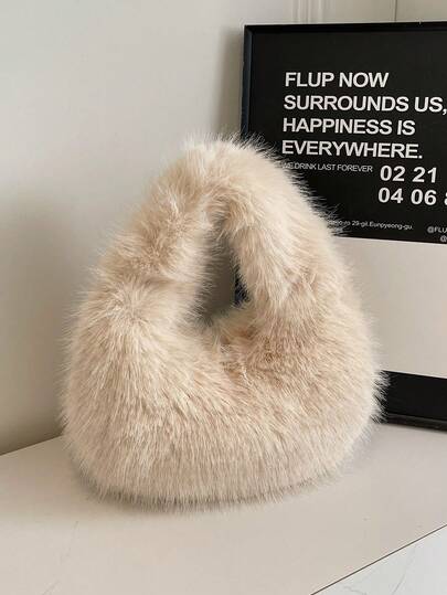 1个时尚毛绒单肩包，平沿手提包，可爱女士冬季手提包/钱包