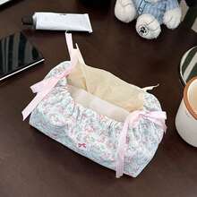 Korean Ins Style Drawstring Tissue Box, Bowknot & Floral Pattern Storage Bag, Decorative Household Atmosphere, Multifunctional Tissue Box For Coffee Table/Dining Table/Car/Office, Simple & Fashionable Home Essential - Multicolor - View 3