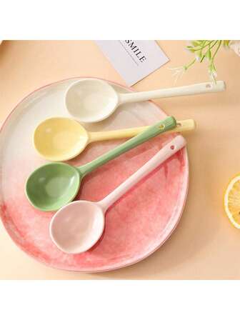 1pc长柄陶瓷烹饪勺，创意可爱搅拌勺，家庭烹饪美感高，适合女孩和孩子