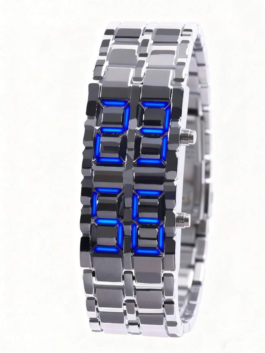 1 pieza Reloj electrónico LED con correa de acero inoxidable, de moda y nuevo, adecuado para decoración diaria de hombres de negocios - Plateado - Ver 1