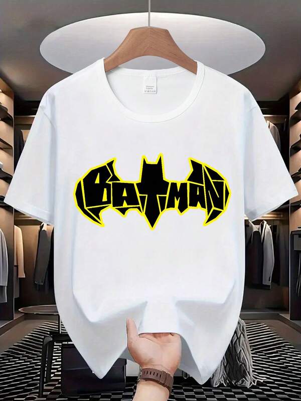 Warner Bros Camiseta de manga corta con cuello redondo y estampado gráfico de "Batman" de dibujos animados de Warner Bros. para hombres, camiseta casual de moda para hombres, ligeramente elástica, no transparente, de tela de fácil cuidado, adecuada para uso diario, camiseta de manga corta para hombres, adecuada para todas las estaciones