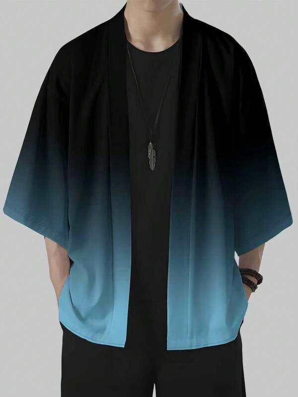 Men's Blue Ombre Printed Sunscreen Casual Open Cardigan, Made Of Polyester, Summer Style