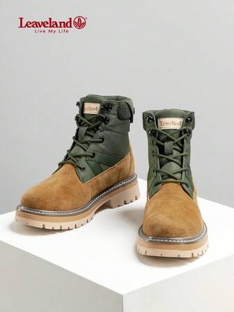 男士西式系带厚底拼布靴，时尚百搭户外橡胶防滑工作靴