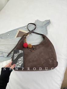 Bolsa de ombro em tecido de veludo de cor sólida Low Tea, 1 peça, bolsa de ombro feminina retrô, design de alça única com fecho de zíper, alça de ombro ajustável para uso no ombro ou transversal, adequada para viagens, compras, encontros, presente feminino, ótima para deslocamento, atividades ao ar livre, viagens, caminhadas - Café - Ver 6